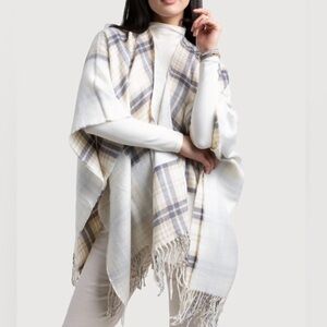 Anthropologie SAACHI Ivory Plaid Fringe Ruana –Cozy Border Wrap Cape